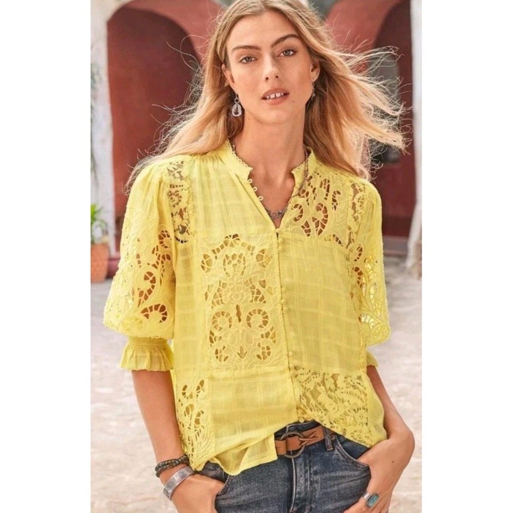 NWT Sundance Garbo Lace Boho Puff Sleeve Top Women's Small Yellow Button Up